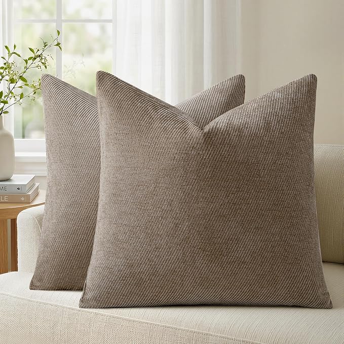 a moment Pack of 2 Decorative Chenille Throw Pillow Covers with Twill Cushion Covers for Sofa Living Room Couch Bed 16x16 Inch Dark Brown