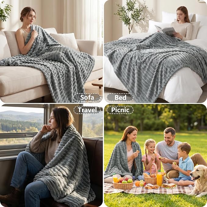 Gray Twin Blanket for Bed & Couch, 60 x 80 Inch | 300GSM Ribbed Fleece Blanket, Soft, Cozy & Lightweight, OEKO-TEX Certified, All-Season Use for Travel, Dorm & Home Decor