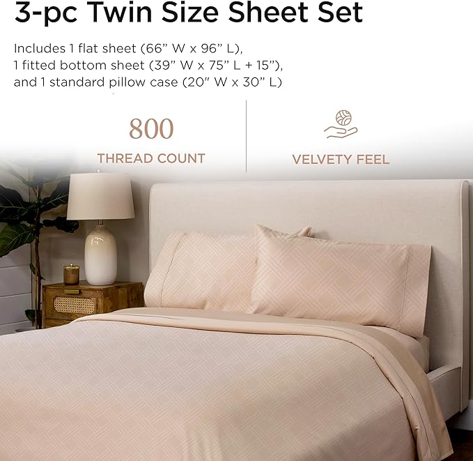 Threadmill Twin Sheets for Twin Mattress | 800 Thread Count Jacquard Celine Light Beige Sheets | 100% Cotton 3 Piece Bed Sheets | Extra Long Staple Cotton | Cotton Sheet with Elasticized Deep Pocket