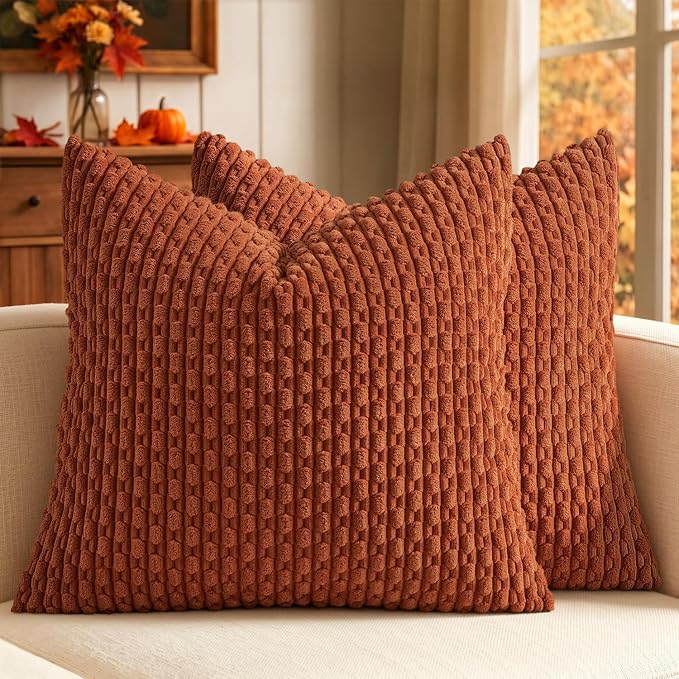 MIULEE Fall Decorative Throw Pillow Covers 18x18 Burnt Textured Corduroy | Terracotta Pack of 2 Striped Pillow Covers Modern Farmhouse Autumn Home Decor for Couch Bed Sofa Living Room
