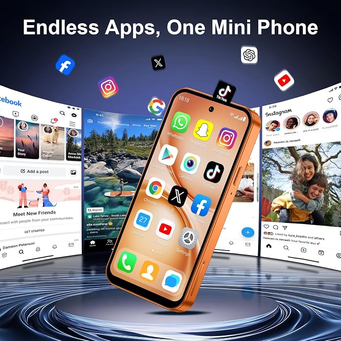 4.5'' Mini Phone 64GB Unlocked 4G Mobile Smartphone with 2000mAh Battery Compact Backup Mini Phone for Kids & Students Dual SIM Face ID Orange | 4.5'' HD Screen