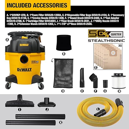 DEWALT Shop Vacuum 5-Gallon 4 HP STEALTHSONIC Wet/Dry Vacuum Cleaner DXV05P-QTB with 6 Dust Bags Ultra Quiet Poly Shop Vacuum with Powerful Suction for Garage, Jobsite, and Workshop