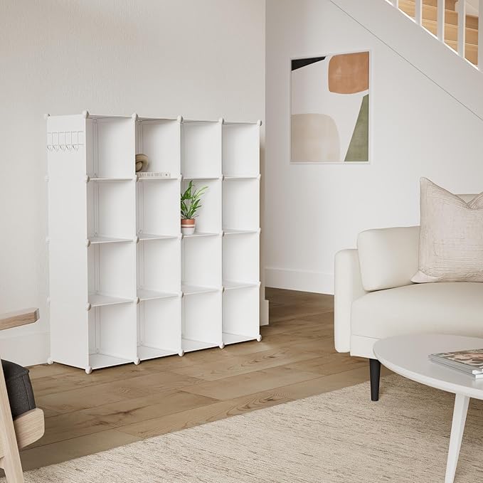 C&AHOME Cube Storage Organizer, 16-Cube Shelves Units, Plastic Storage Cubes, DIY Closet Organizer, Modular Closet Storage Shelves Ideal for Home, Bedroom, 48.4" L × 12.4" W × 48.4" H Milky UPCS16M