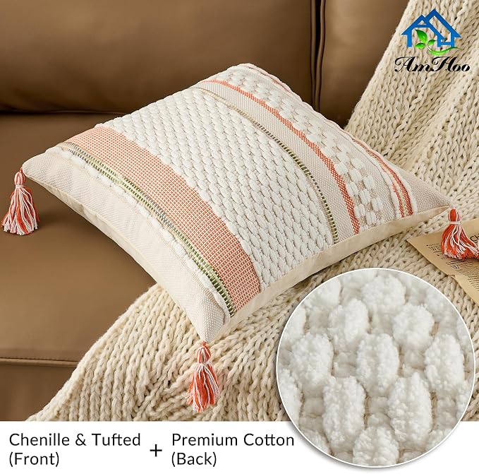 Chenille Striped Textured Boho Throw Pillow Covers Aesthetic with Tassels Woven Decorative Pillow Case for Couch Bed Sofa Bedroom Modern Funky 18 x 18-Inch White Orange
