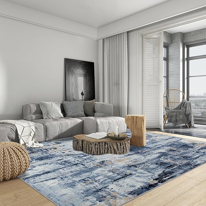 6x9 Area Rugs Washable Rug: Large Modern Abstract Living Room Rug Soft Anti-Skid Thin Carpet Indoor Floor Non-Shedding Carpets for Bedroom Dining Room Farmhouse Nursery Home Office Blue Gold