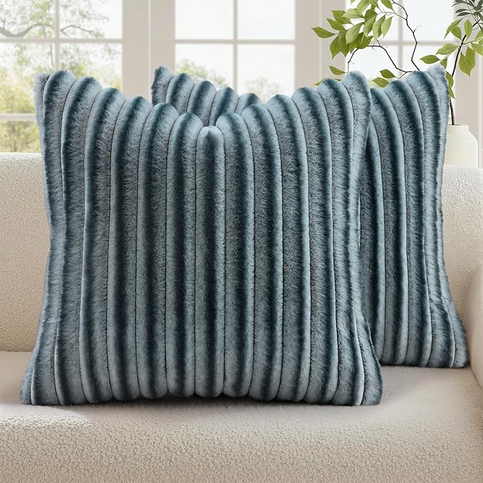 decorUhome Fall Faux Fur Throw Pillow Covers 24x24 Set of 2 Blue Grey | Decorative Soft Cozy Striped Plush Modern Farmhouse Boho Couch Pillow Cases Velvet Back for Sofa Bed Living Room Home Decor