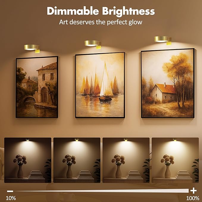 6Pcs Battery Operated Picture Light, Magnetic Led Painting Light with Remote Dimmable and Timer, 3 Lighting Modes Art Display Light for Picture Frame Paintings, Wireless Wall Decor Puck Lights, Gold