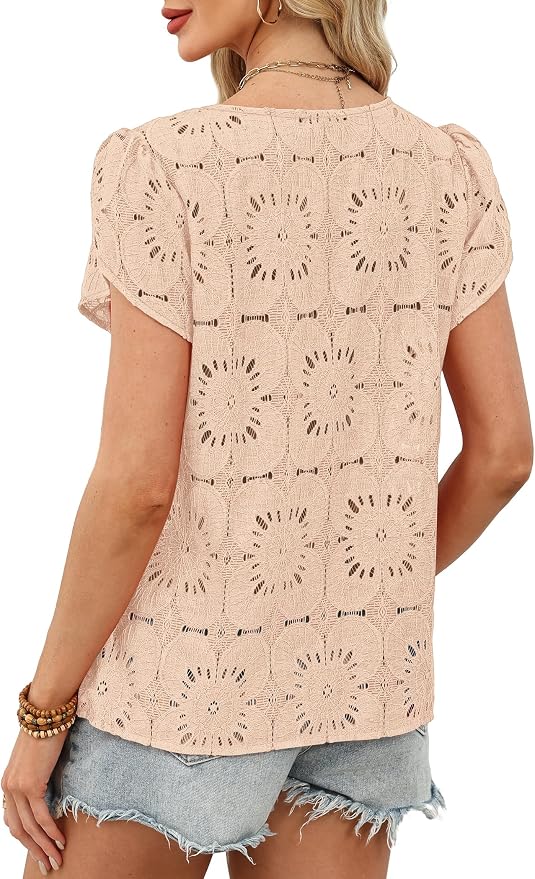 OFEEFAN Blouses for Women Dressy Casual Petal Short Sleeve Shirts Crochet Lace Boho Tops Spring Fashion Summer Outfits