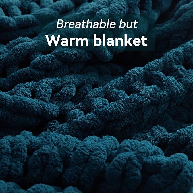 Negwoo Chunky Knit Throw Blanket, Knitted Throw Chenille Yarn, 60"*80" | Soft Thick Cable Knitted Blankets, Handmade Big Thick Blanket,Machine Washable Cute Comfy Blanket for Home Decor,Peacock blue