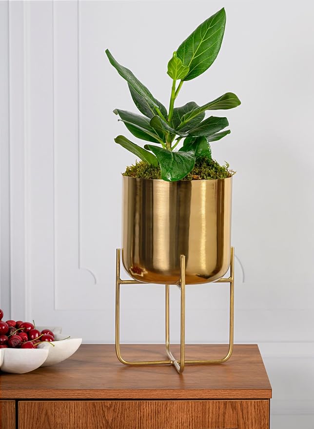 Serene Spaces Living (Set of 4 Short Gold Planter with Detachable Metal Stand, Decorative Indoor Planter Pot, Flower Pots Stand for Living Room, Kitchen, Office, Measures 13" Tall and 7.25" Diameter