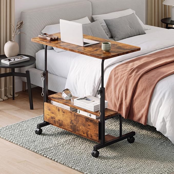 OLIXIS Rolling Desk, Storage Shelves, Laptop Table, Home Office | Height Adjustable Design, Computer Desks on Wheels, Portable for Small Spaces Use, Rustic Brown