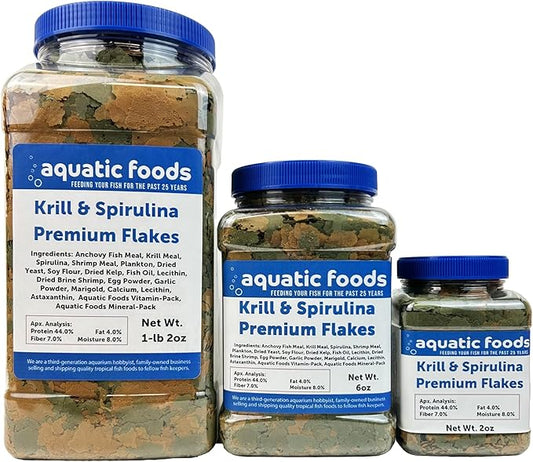 Aquatic Foods Inc. Premium Krill & Spirulina Flakes for Cichlids, Discus, Angels, Tetras, Guppies, Koi, Goldfish, All Tropical Fish Also Pellet Mix, Wafer Mix Included…1-lb 2oz