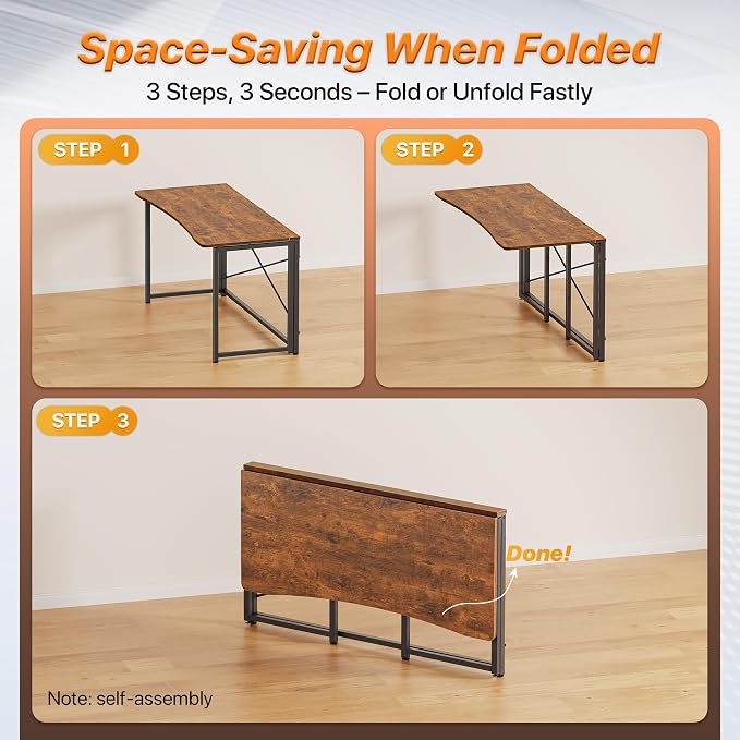 Huuger Folding Desk for Small Spaces, 31.5 Inch Foldable Computer Table, Easy Assembly, for Home Office, Study, Bedroom, Dorm, Space Saving, Small Writing Work Office Computer Desk, Rustic Brown