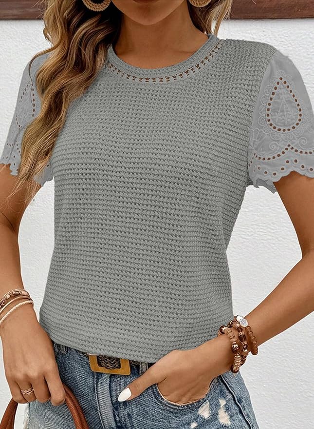 SHEWIN Womens Frenchy Summer Tops Crewneck Short Sleeve T Shirts Casual Waffle Knit Jacquard Blouses Top Shirts