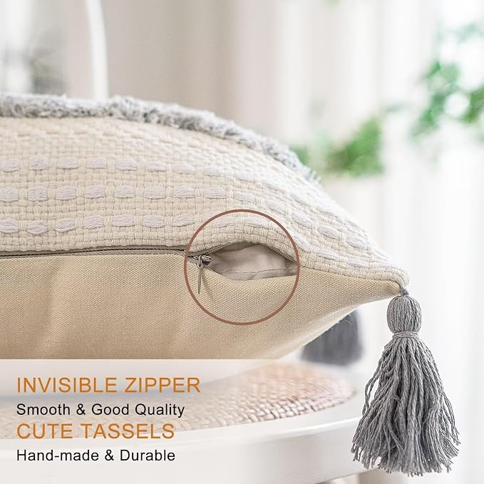 BUIOVBEY Boho Throw Pillow Covers Woven Tufted Pillow Cases with Tassels | Farmhouse Pillow Covers 18x18 Set of 2 Textured Striped Cushion Case Neutral Decorative Pillowcase for Sofa Couch Light Grey