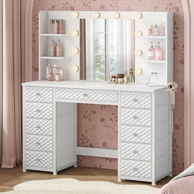 Vanity with Lights and Mirror, 11 Drawer Makeup Vanity with Power Strip, 6 Open Shelves, 43.3” Vanity Desk with Storage, Dressing Table with 3 Color Modes for Bedroom, Women, Girls (White)