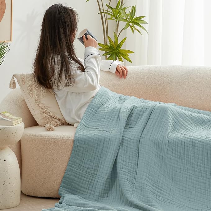Love's cabin 100% Cotton Muslin Blanket, 6 Layer Lightweight Breathable Gauze Twin Size Blanket 60 x 80 Inches, Soft Summer Blanket for Bed or Couch, Cyan