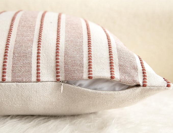 Cethom Decorative Boho Throw Pillow Covers, Farmhouse Textured Pillow Case, 20 x 20 Inch Set of 2, Chair Sofa Bedroom Living Room Home Decor Couch Cushion Case, Rust and Beige Striped