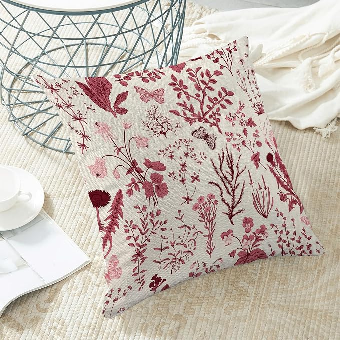 Christmas Pillow Covers 18x18 Inch Set of 2,Burgundy Red Wild Flower Plant Throw Pillows Case,Seasonal Floral Outdoor Decorative Square Linen Farmhouse Decor Cushion Covers for Home Sofa bed Couch