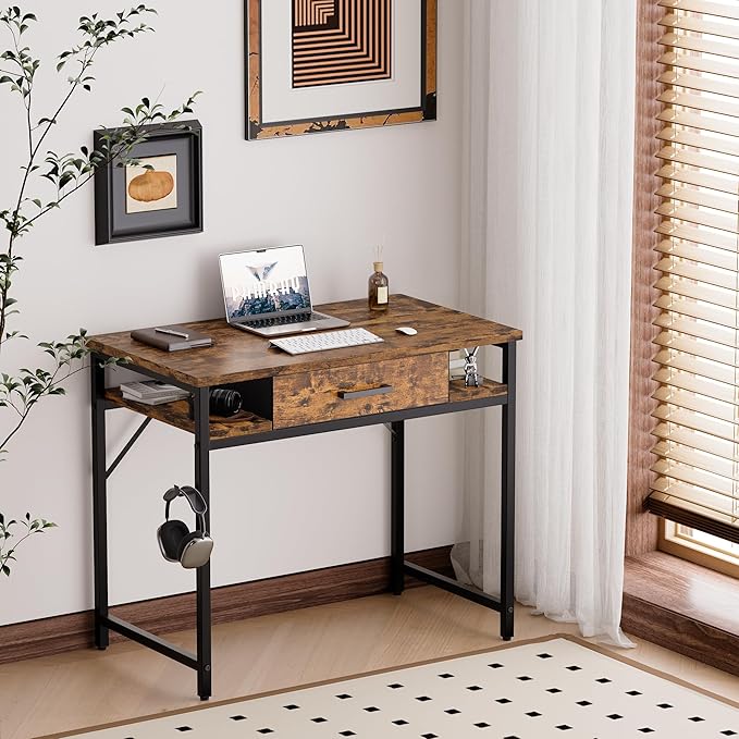 Pamray 32 Inch Small Computer Desk with Drawers for Bedroom Small Spaces | Compact, Sturdy, Easy Assembly, Mini, Suitable for Dorm and Apartment, Study and Writing
