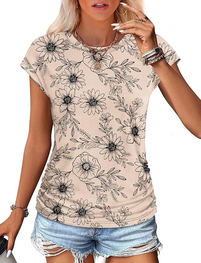 Sampeel Womens Summer Tops Trendy 2026 Ruched Cap Short Sleeve Tshirts Shirts Crew Neck T Shirts Fashion