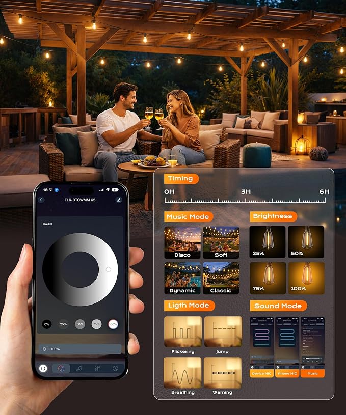 Outdoor String Lights, 50FT Patio Lights for Outside, Smart App & Remote Control with Timer, Dimmable with 4 Scene Modes, Warm White Waterproof LED Bulbs for Garden, Yard and Backyard Decor