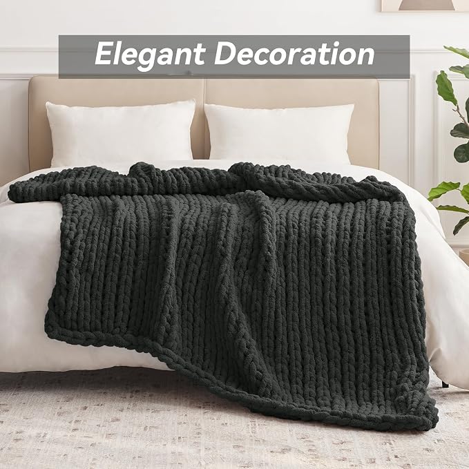 Negwoo Chunky Knit Throw Blanket, Knitted Throw Chenille Yarn, 40"*50" | Soft Thick Cable Knitted Blankets, Handmade Big Thick Blanket, Machine Washable Cute Comfy Blanket for Home Decor, Dark grey