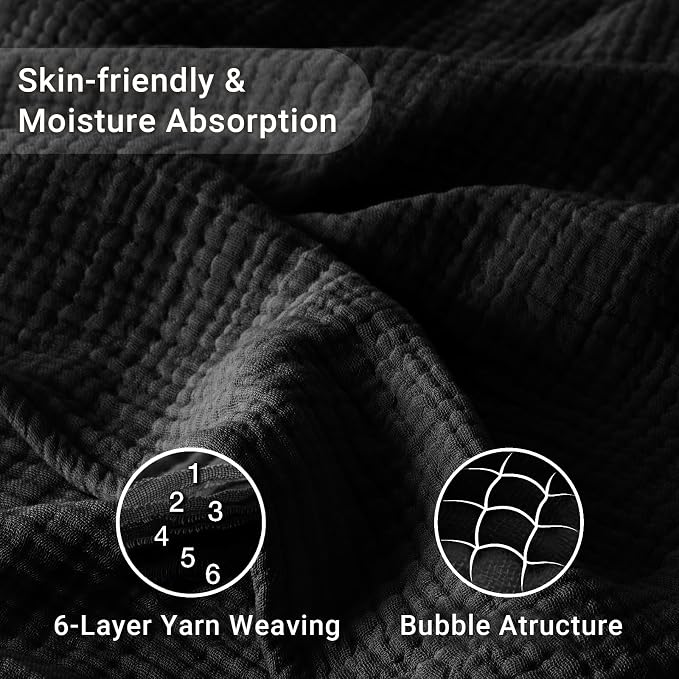 100% Cotton Muslin Blanket 50"x 60", 6 Layers Breathable and Lightweight Cotton Throw Blankets for Couch, Soft Cooling Summer Gauze Blanket for Adults All Season, Black