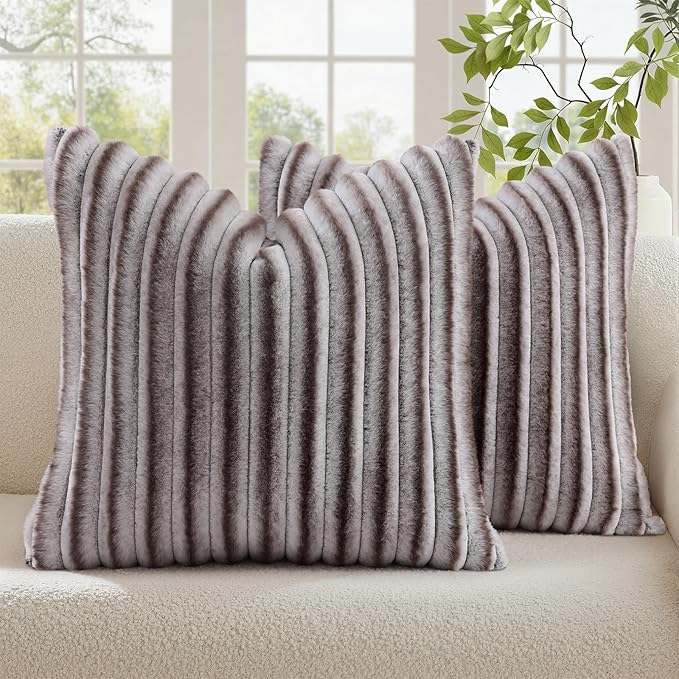 decorUhome Fall Faux Fur Throw Pillow Covers 16x16 Set of 2 Brown White | Decorative Soft Cozy Striped Plush Modern Farmhouse Boho Couch Pillow Cases Velvet Back for Sofa Bed Living Room Home Decor