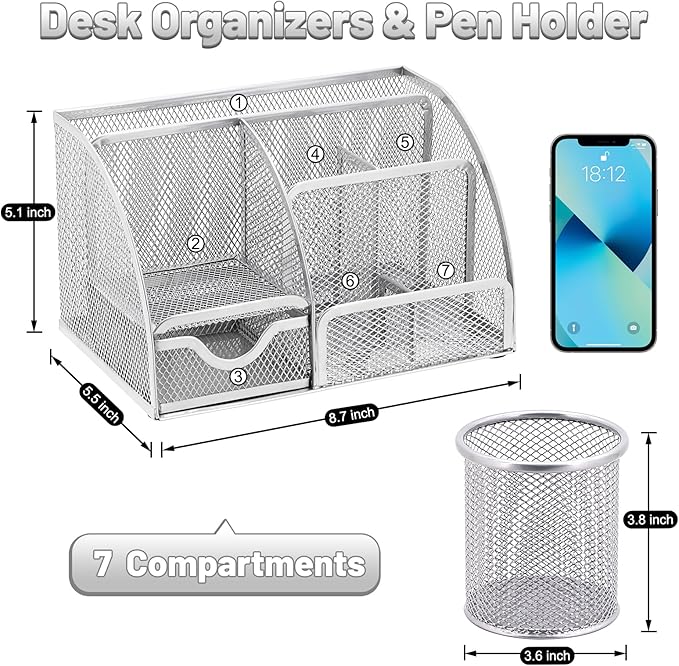 SYMDROMIA 13-in-1 Office Desk Organizer Set with Stapler and Tape Dispenser, Pen Holder, Scissors, Ruler, Hole Punch, 2 Pens & More Desktop Accessories for Back to School Supplies (Silver)