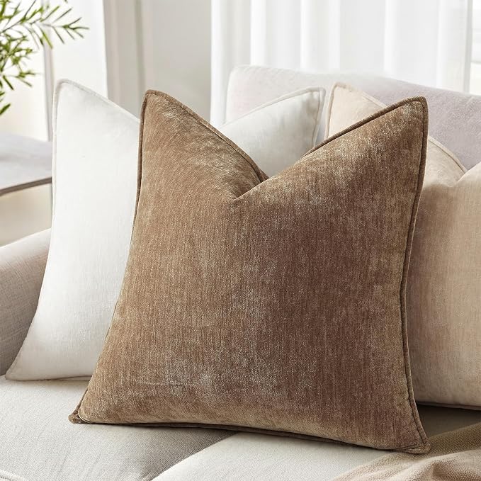 decorUhome Chenille Brown Velvet Throw Pillow Covers 20x20 Set of 2 | Fall Soft Couch Decorative Modern Farmhouse Pillow Cases with Elegant Design for Sofa Bed Living Room Home Decor