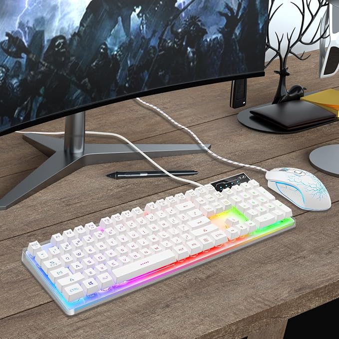 Gaming Keyboard and Mouse Combo, K1 RGB LED Backlit Keyboard with 104 Key for PC/Laptop(White)