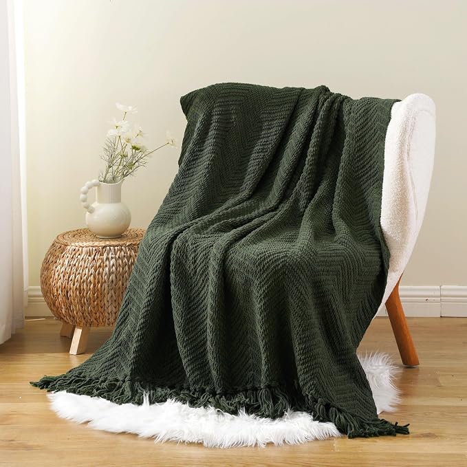 BATTILO HOME Olive Green Chenille Throw Blanket for Bed, 50" x 60" | Knit Throw Blanket, Super Soft Warm Home Decor Throw Blanket with Tassels for Couch,Sofa and Living Room