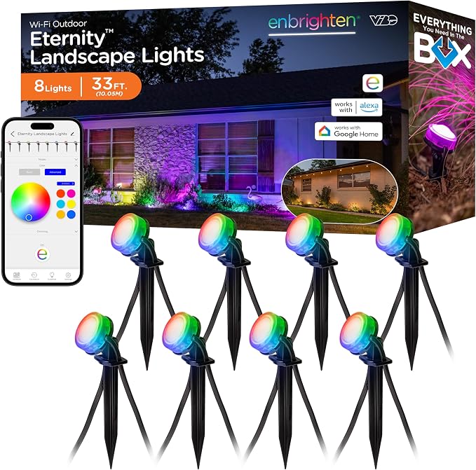 Enbrighten Vibe Eternity Garden Lights, 33ft, 8 RGBWIC LEDs, Waterproof, Uplights, Outdoor Landscape Lighting, Home Exterior Spotlight, Smart App, Works with Alexa, Google Home, 83789