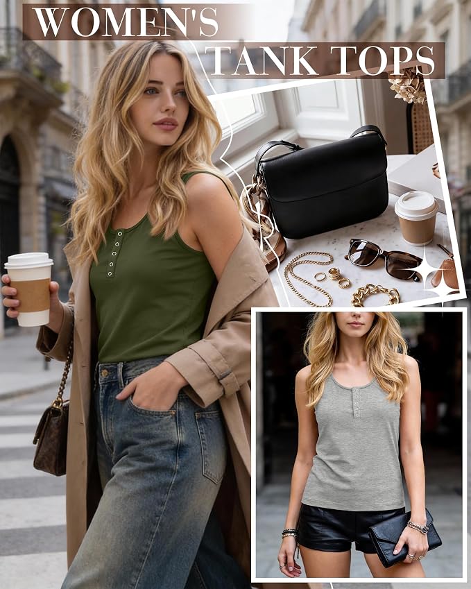 Ficerd 3 Pack Women's Henley Tank Tops Sleeveless Button Down Summer Shirts 2026 Casual Trendy Loose U Neck Tee Blouses
