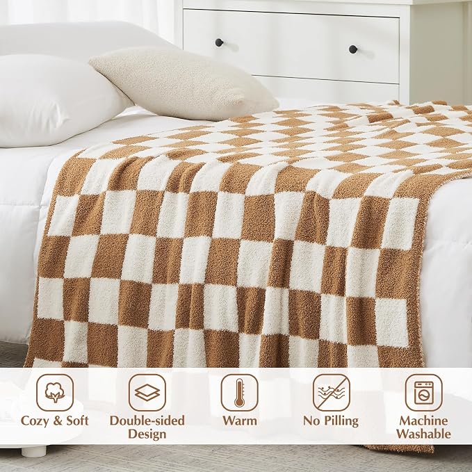 Soft Twin Size Checkered Blanket for Bed-Cozy Knitted Blankets | Lightweight Fluffy Warm Decor for Women, Mom, Her & Girls, Sofa, Chair, Couch, 60x80in,Burnt Orange