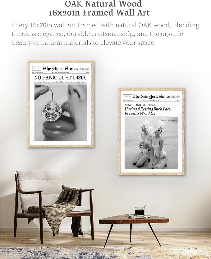 iHery 16x20in Funny Beach Girls Framed Newspaper Wall Art | Natural OAK Wood Frame with Canvas Print, Retro Magazine Decor for Bathroom, Bedroom, Girl Dorm, Living Room 1Pack