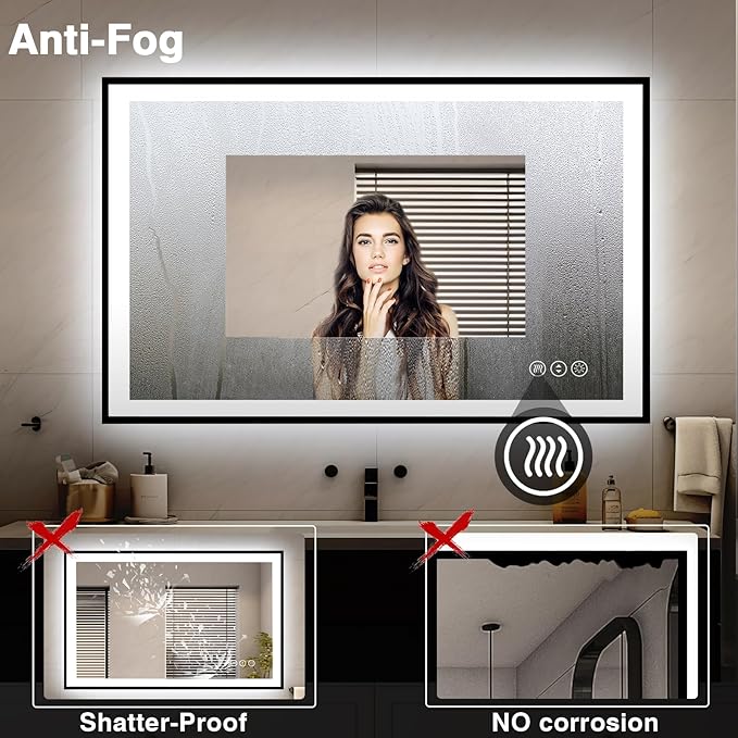 48x32 LED Bathroom Mirrors for Wall -Black Aluminum Framed (Front and Backlit), Anti-Fog Vanity Mirror With Lights,Stepless Dimmable Lighted Mirror,3 Colors Smart Mirror(Horizontal/Vertical)