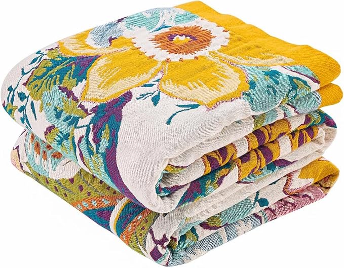 XIBLC Boho Throw Blanket 100% Cotton Vintage Blanket Muslin Woven Flower Decorative Throw Blankets All Season Bohemian Rustic Farmhouse Decor Quilt for Bed (Yellow 60"x80")