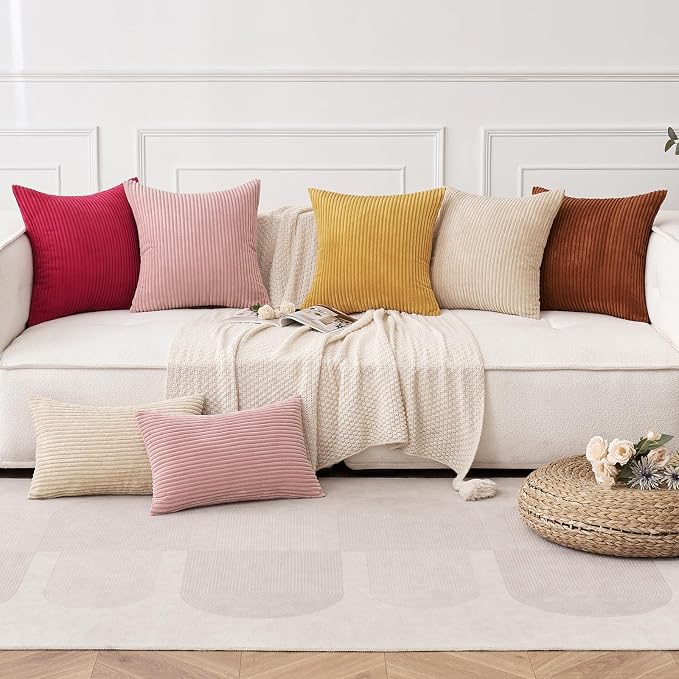 MIULEE Fall Decorative Corduroy Throw Pillow Covers Set of 2 18x18 Gold | Soft Striped Textured Cushion Cases, Boho Rustic Square Pillowcases Neutral Home Decor, for Couch Chair Sofa Bed Living Room