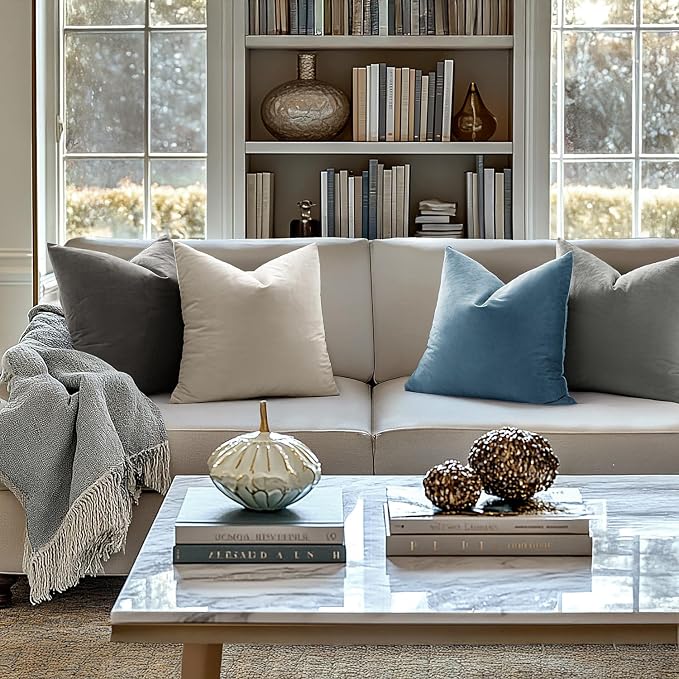 MIULEE Velvet Throw Pillow Covers 16x16 Inch Pack of 2 Blue Gray | Soft Solid Small Decorative Pillow Covers, Modern Luxury Home Decor, for Couch Chair Sofa Bedroom Livingroom Car