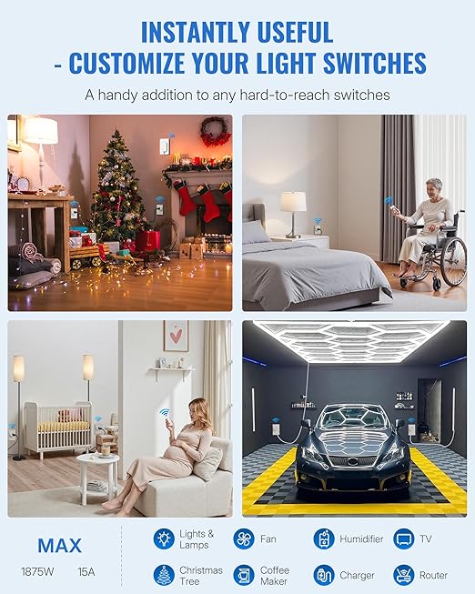Remote Control Outlet, WILAWELS Wireless Light Switch with Magnetic Base, On Off Remote Outlet Switch for Lights, Lamps, Fan, Appliance, 100ft RF Range, 15A/1875W, One Remote for Two Plugs W09RC1206