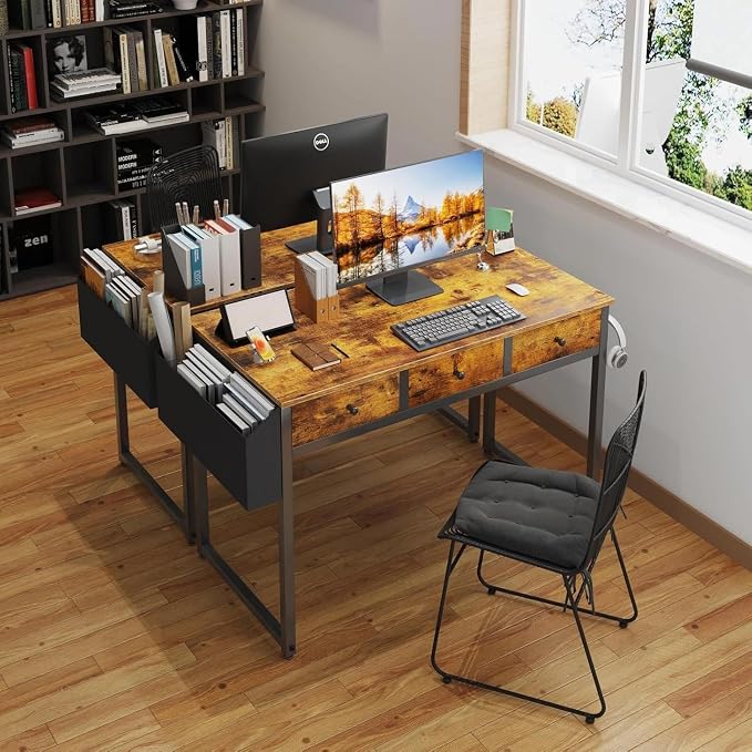 Lufeiya 40 Inch Desk with Drawers for Bedroom - 39 Inch Home Office Desks with 3 Fabric Storage Drawer and Pocket, Study Writing Table Rustic Computer Desk, Vintage Brown