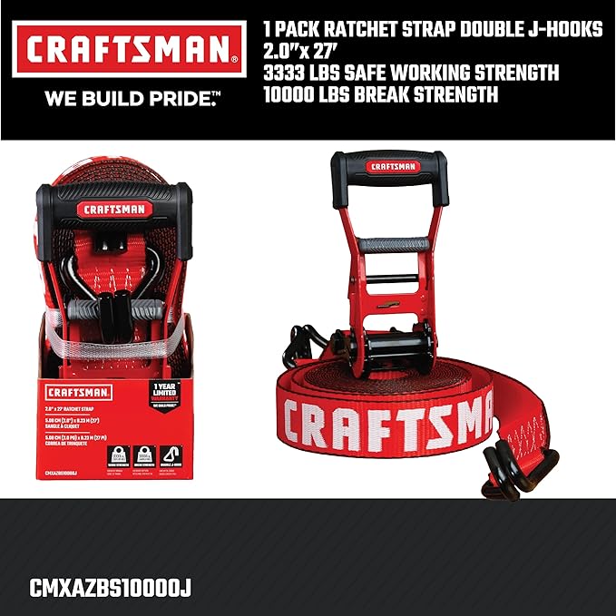 CRAFTSMAN CMXAZBS10000J Black/Red 2" x 27' Ratchet Tie Down Strap with Double J Hook - Heavyweight/Industrial Duty (10,000 lb Break Strength)