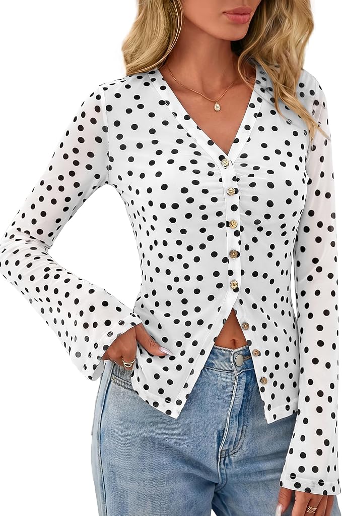 BTFBM Button Down Shirts for Women 2026 Fall Boho Tops V Neck Long Sleeve Blouses Ruched Mesh Fitted Fashion Clothing