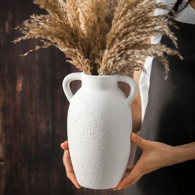 Ceramic Farmhouse Vase with 2 Handles, Boho Decorative Flower Vase for Home Decor, Living Room, Entryway, Table, Shelf Decor, 9.6 Inch