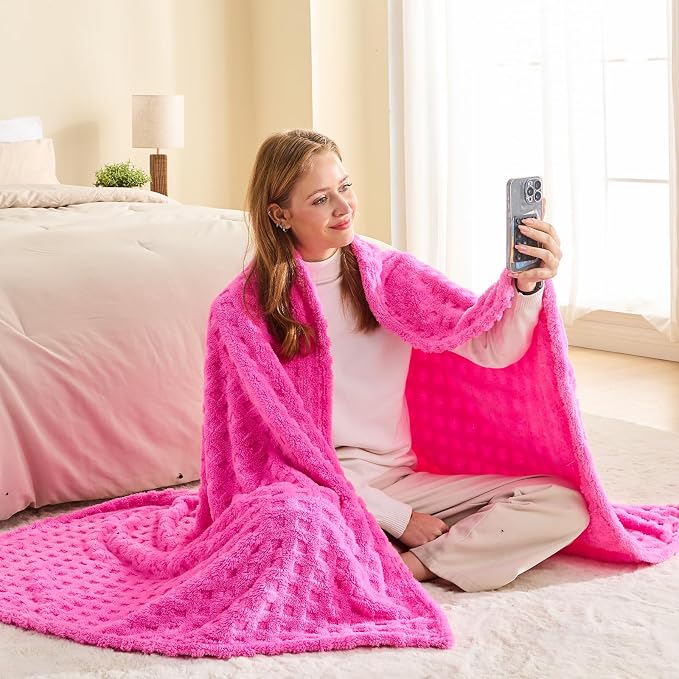 NEWCOSPLAY 3D Waffle Checkered Flannel Twin Blanket, Hot Pink, 60"x80" | Super Soft Cute Lightweight Decorative Premium Silky Fleece Blanket for Couch Sofa Bed, Gift for Women Men, All Season Use