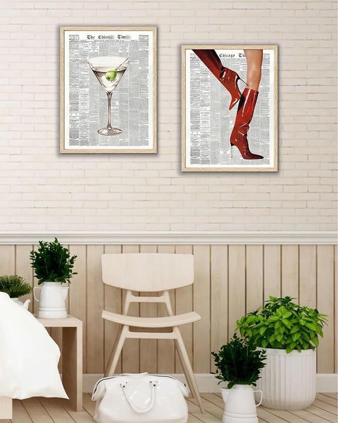 EcoHest Small 8x10 in Red Boots Newspaper Framed Wall Art | Natural Oak Wood Frame, Canvas Wall Art, Fashion Magazine Wall Decor for Bedroom, Apartment, Dorm Room, College Room, 1Pack