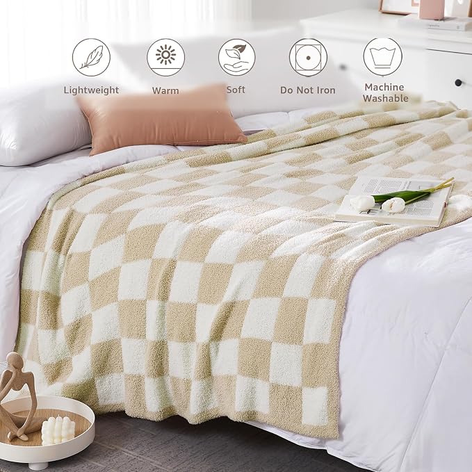 Soft Twin Size Checkered Blanket for Bed-Cozy Knitted Blankets | Lightweight Fluffy Warm Decor for Women, Mom, Her & Girls, Sofa, Chair, Couch, 60x80in, Beige