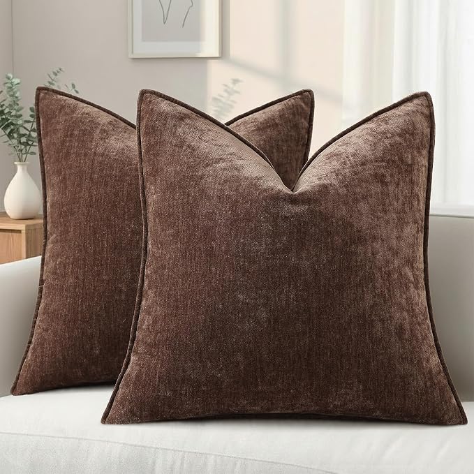 decorUhome Chenille Dark Brown Velvet Throw Pillow Covers 24x24 Set of 2 | Fall Soft Euro Sham Couch Decorative Modern Farmhouse Pillow Cases with Elegant Design for Sofa Bed Living Room Home Decor